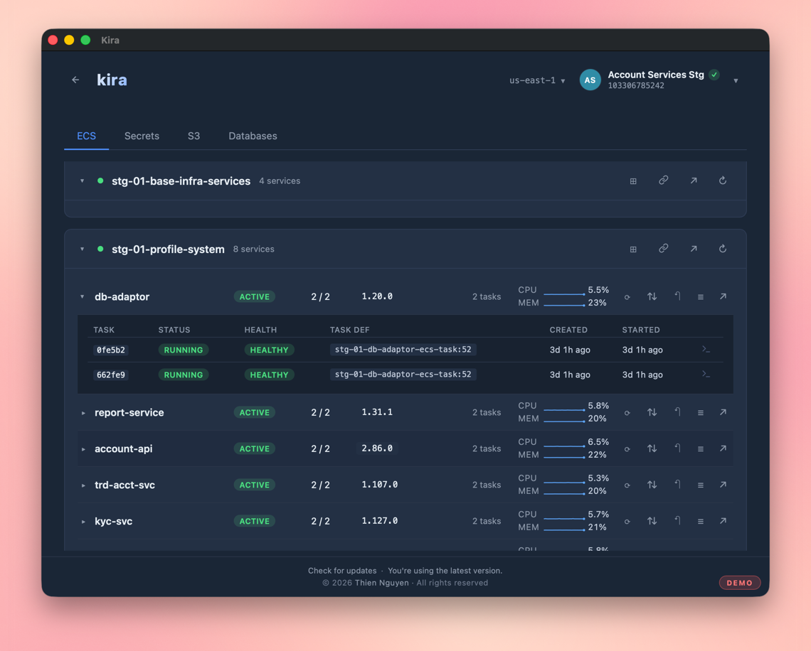 Kira ECS services with live metrics